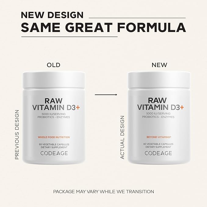 Codeage Raw Vitamin D3+ High Potency 5000 IU Supplement from Saccharomyces Cerevisiae - Raw Vitamin Probiotics Digestive Enzymes Fruits &amp Greens - 2-Month Supply - 60 Capsules
