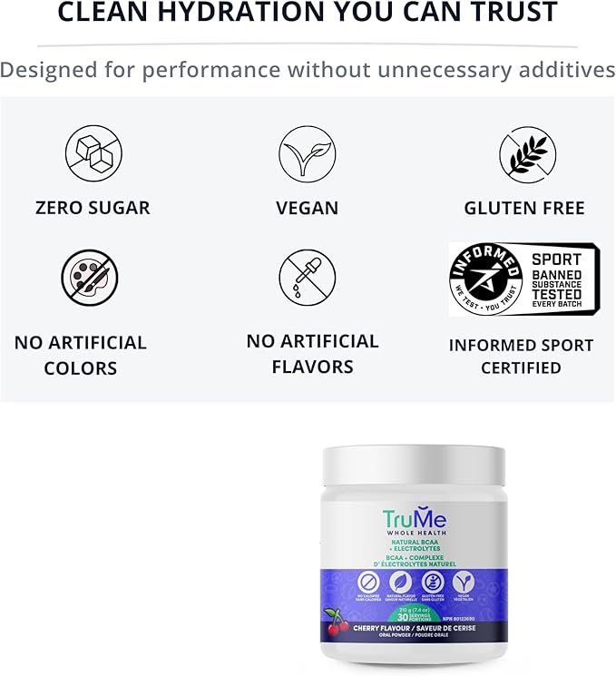 TruMe Whole Health Cherry BCAA Powder with Electrolytes Amino Acids for Muscle Recovery &amp Endurance Sugar Free Intra Workout Hydration Drink Informed-Sport Certified Made in Canada