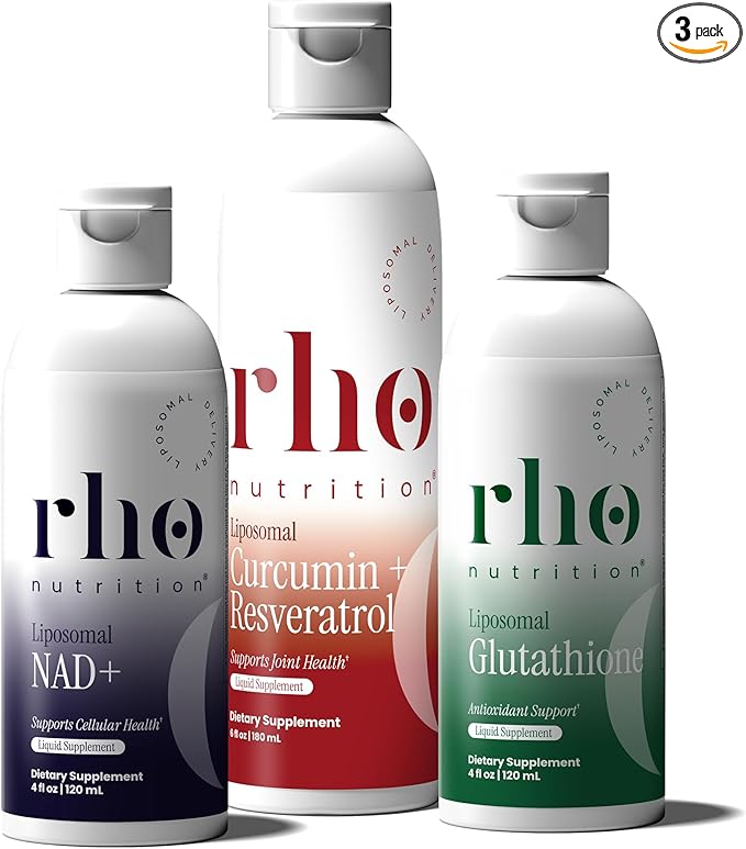 Rho Nutrition - Cellular Health Essentials Bundle – Liquid Liposomal Supplements for Healthy Aging &amp Cellular Support - NAD+ Curcumin + Resveratrol &amp Glutathione (3 Pack)