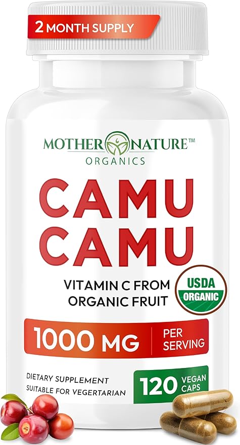 Organic Vitamin C from Camu Camu Capsules 1000mg Packed with Natural VIT C Raw Antioxidants - Immune Support Supplement &amp Anti-Aging for Skin - Powder Organic Vegan Non-GMO (120 Count)