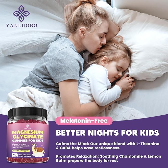 Kids Magnesium Gummies Magnesium Glycinate Gummies 400mg/200mg with L-Theanine Chamomile Vitamin B6 D3 for Kids Relaxation &amp Zzz Support Nerve Bone - Sugar Free Mixed Berry Flavor 60ct
