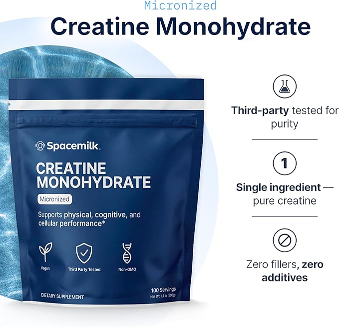 Spacemilk Vegan Non-GMO Creatine Monohydrate Micronized Powder Unflavored 5g Serving 100 Servings