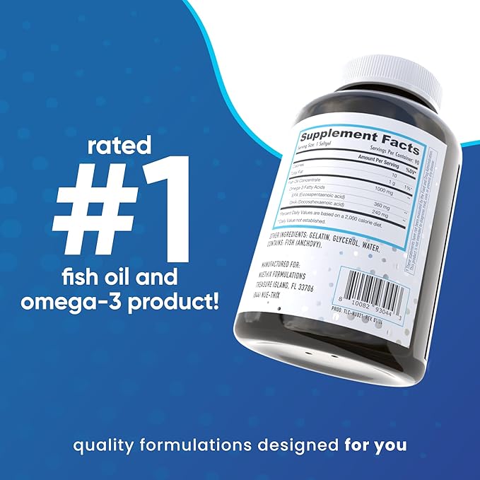 NuEthix Formulations Fatty Acids Pro EPA-DHA Fish Oil Dietary Supplement Super Concentrated and Purified Fish Oil Blend for Optimal Wellness 90 Gel Capsules
