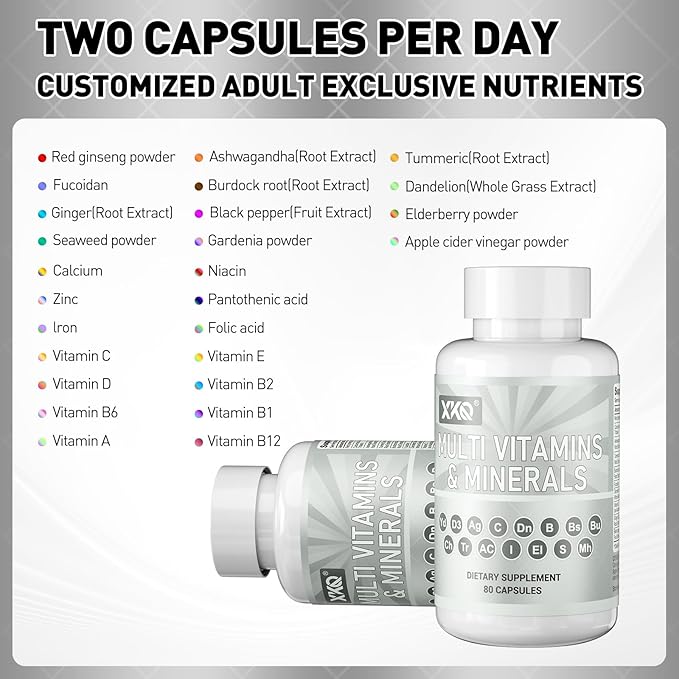 XKQ Multivitamins &amp Minerals 80 Capsules – Daily Vitamin C D3 B Vitamins &amp Zinc for Energy Immune &amp Metabolic Support – Complete Adult Multivitamin Supplement