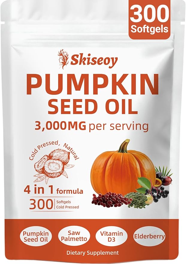 Pumpkin Seed Oil with Saw Palmetto 300 Softgels | 4 in 1 Vitamin D3 &amp Elderberry 3000mg Cold Pressed &amp Pure Virgin Oil | Supports Hair Urinary Bladder &amp Prostate Health Immune | Vegan