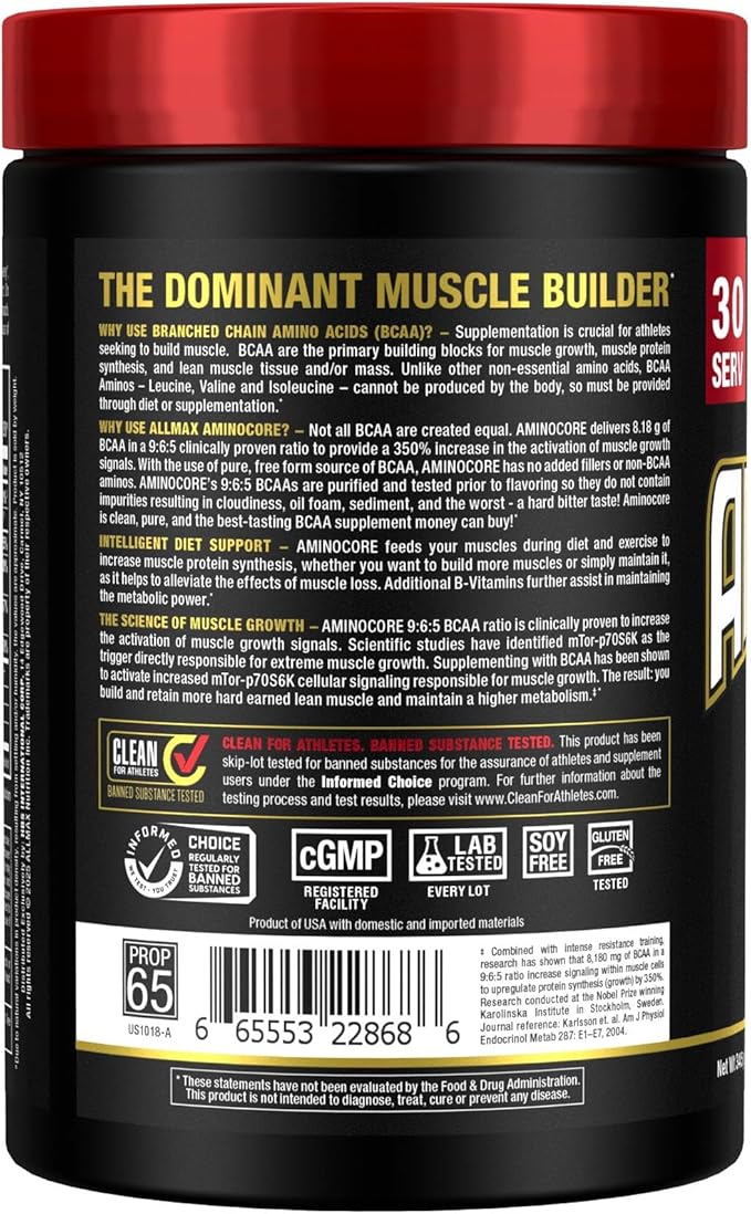 ALLMAX AMINOCORE BCAA Powder for Workout Muscle Recovery &amp Increased Endurance - Sugar Free No Fillers 8.18 Grams Bcaas Amino Acids B Vitamins for Women and Men - 30 Servings | Sweet Tea 345g