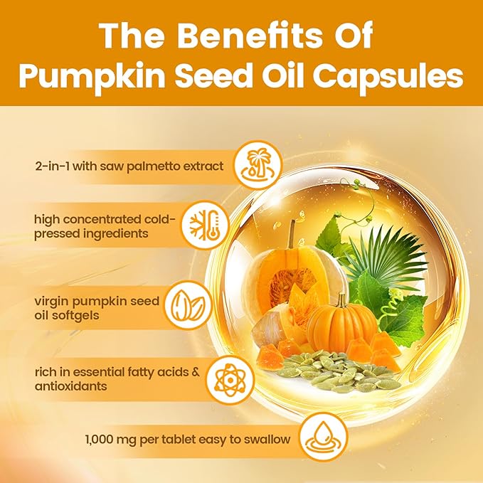 VivoNu Pumpkin Seed Oil with Saw Palmetto Capsules | Cold Pressed Pure Virgin Oil Essential Fatty Acids &amp Phytosterols | 300 SoftgelsSupports Hair Urinary Bladder &amp Prostate Health | Non-G