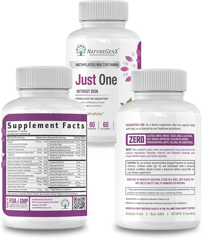 Just One Daily Methylated Multivitamin – Iron-Free with Methyl B12 &amp Methylfolate – Methylation Support for Men &amp Women – Vegan Gluten-Free Non-GMO – 60 Capsules (2-Month Supply)