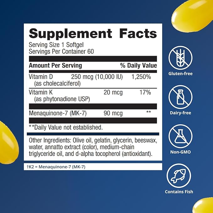 Metagenics Vitamin D3 + K - for Artery Health Immune Support Bone &amp Heart Health* - Vitamin D with MK-7 (Vitamin K2) - Non-GMO - Gluten-Free - 60 Softgels - 10000 IU