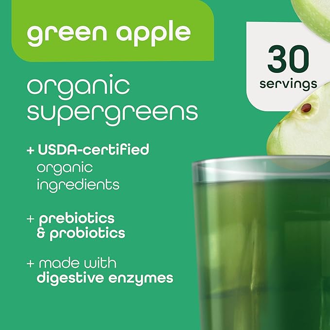 Zena Nutrition Organic Super Greens Powder 70+ Superfoods 0 Sugar 3G Fiber Spirulina Chlorella Mushrooms Prebiotics/Probiotics Digestive Enzymes for Gut Health Green Apple 30 Servings