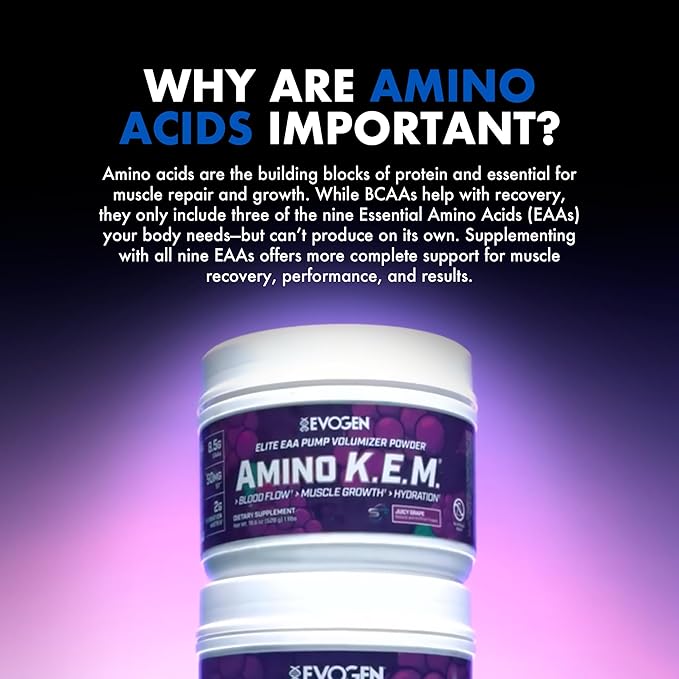 Evogen Amino K.E.M. - EAA &amp BCAA Powder Pump Volumizer | BCAAs Amino Acids Supplement for Blood Flow Muscle Growth &amp Hydration | Juicy Grape | 30 Servings