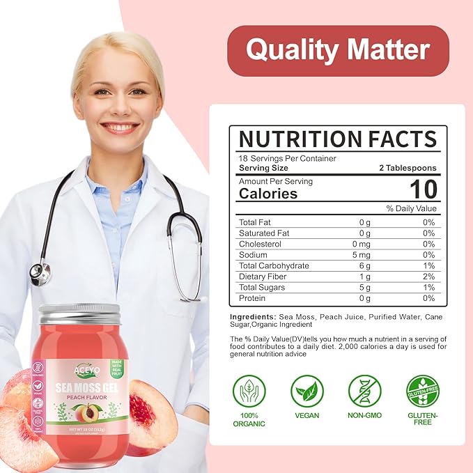 (18 OZ) Irish Sea Moss Gel Organic Raw Vegan Peach Flavor 102 Vitamins and Minerals Wild Harvested Non-GMO Immune Defense Booster Thyroid Digestive Support