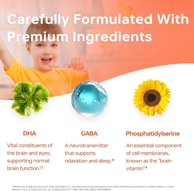 HUJ DHA 100mg - Kids DHA Supplemnent - Algal Oil - Contain DHA Phosphatidyserine &amp GABA - Supports Mental EnergyVisual FunctionMemory and Focus* - 60 Softgels