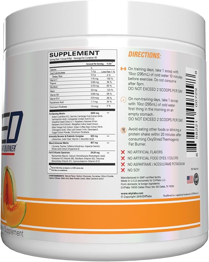 EHP Labs OxyShred Pre Workout Powder &amp Shredding Supplement - Preworkout Powder with L Glutamine &amp Acetyl L Carnitine Energy Boost Drink - Wild Melon 60 Servings