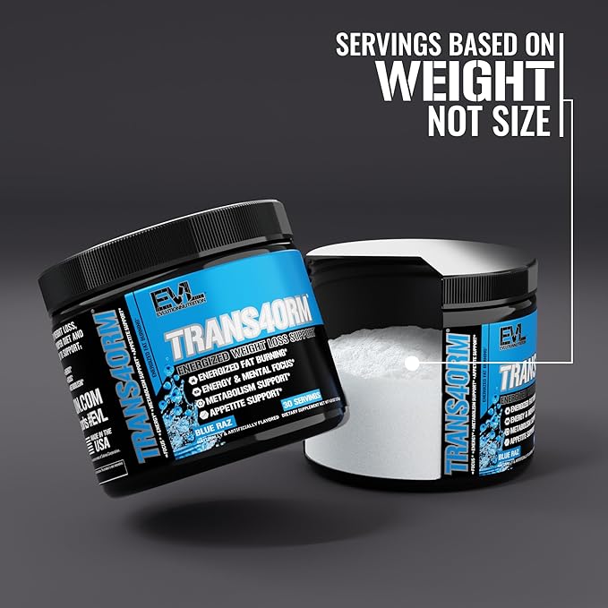 Evlution Thermogenic Fat Burning Support Powder Nutrition Trans4orm Fast Acting Energy Powder to Support Fast Metabolism Weight Loss and Mental Focus with CLA Carnitine and Alpha GPC - Blue Raz