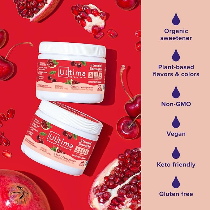 Ultima Replenisher Daily Electrolyte Powder Drink Mix – Sugar Free – Cherry Pomegranate 30 Servings – Hydration Powder with 6 Electrolytes and Trace Minerals – Keto Friendly Vegan Non-GMO