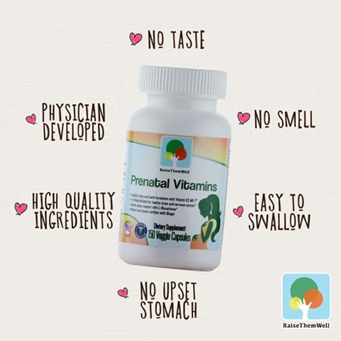 Raise Them Well Prenatal Multivitamin with Methylfolate K2 MK-7 Glutathione &amp Iron Physician Developed Non-GMO Supports Healthy Pregnancy Brain &amp Bone Development 150 Veggie Capsules