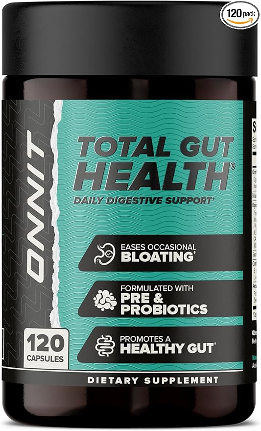 ONNIT Total Gut Health Daily Digestive Support IGEN Non-GMO Tested Digestion Supplement for Women and Men with 7 Strains of Probiotics Prebiotics Enzymes and Betaine HCL 120 Count