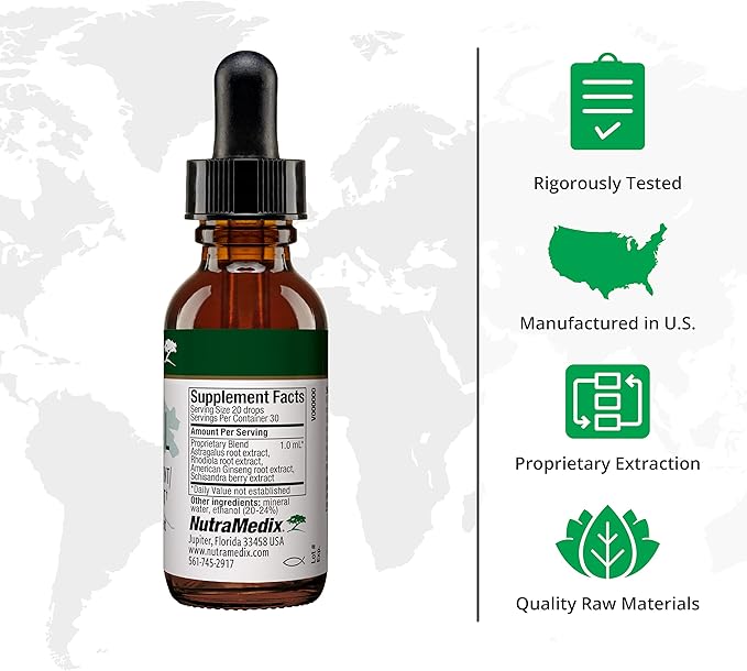 NutraMedix Adrenal Fatigue Supplement - Astragalus Schisandra Rhodiola and Ginseng Extract for Energy Support Stamina and Stress - Vegan Adaptogen Blend (1oz / 30ml)