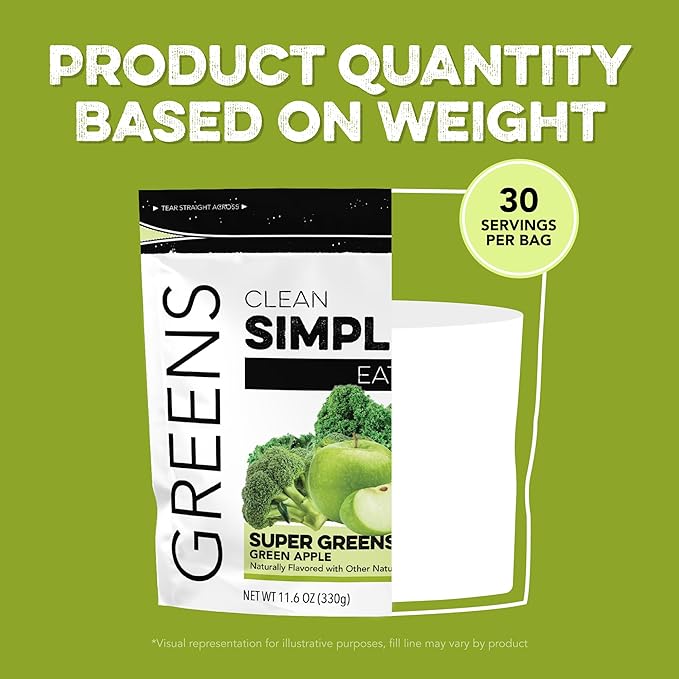 Clean Simple Eats Super Greens Powder Naturally Flavored Greens Powder with Chlorella Spirulina Superfoods &amp Prebiotic Fiber No Artificial Ingredients Gluten Free Green Apple Flavor 30 Serv