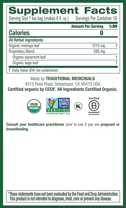 Traditional Medicinals Tea Organic Moringa Everyday Wellness with Spearmint &amp Sage 16 Tea Bags (Pack of 2)