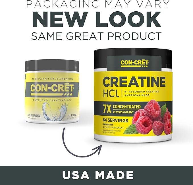 CON-CRET Creatine HCl Powder | Muscle Cognitive Cellular Energy Support | No Bloating or Cramps | USA Made &amp NSF Certified | Raspberry (64 Serving)