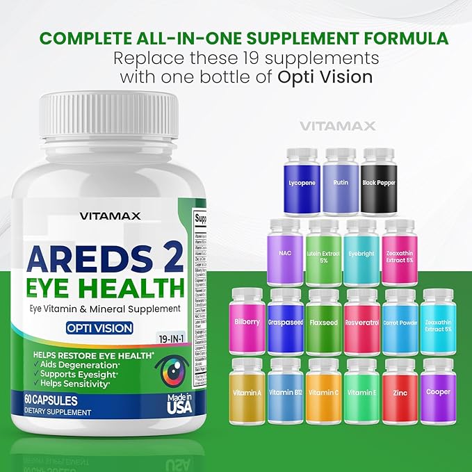 AREDS 2 Eye Vitamins - Lutein Zeaxanthin Bilberry Astaxanthin Mineral Vision Supplement - Supports Eye Strain Dry Eyes Pressure and Vision Health - Made in USA - 120ct