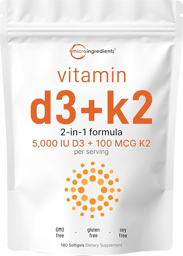 Micro Ingredients Vitamin D3 5000 IU + K2 MK-7 100 mcg 180 Softgels | 2-in-1 Formula | Easy to Swallow Non-GMO
