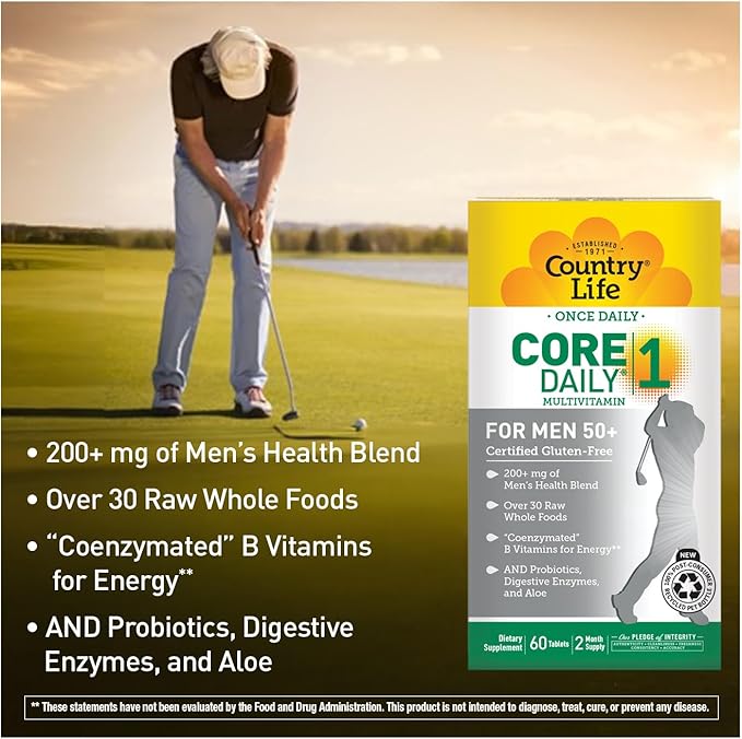 Country Life CORE Daily-1 Multivitamin for Men 50+ - Gluten-Free Energy Support with Coenzymated B Vitamins Probiotics Whole Food and Digestive Enzymes Certified Gluten Free 60 Tablets