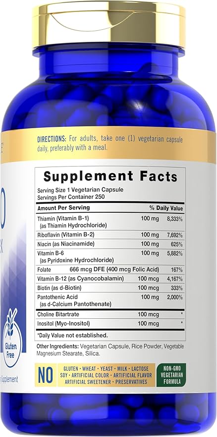 Carlyle B-100 Complex Vitamin | 250 Capsules | Non-GMO Gluten Free Supplement