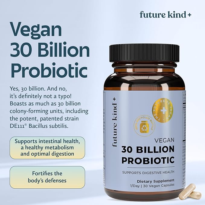Future Kind Vegan Probiotics for Women and Men - 30 Billion CFUs Probiotics for Digestive Support (30 Adult Probiotic Capsules) No GMOs Daily Probiotic Supplements from 42 Fruits &amp Vegetables