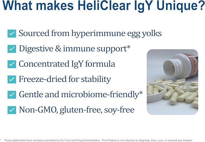 Heliclear IgY – Hyperimmune Egg Yolk IgY for Gut Gastric &amp Immune Health – Supports Gut Microbiome Balance Stomach Lining Integrity &amp Digestive Health – Dairy-Free 150 mg 60 Capsules