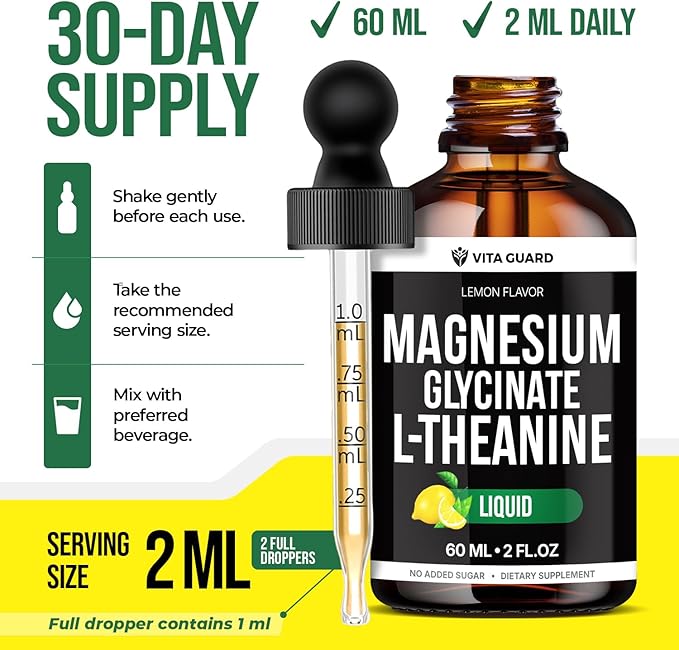 Vita Guard Magnesium Glycinate Liquid Drops 500mg – Liquid Magnesium Supplement with L-Theanine 200mg – Sleep Calm Stress Relief Muscle &amp Nerve Health – Gluten Free No Sugar Vegan 2 Fl Oz