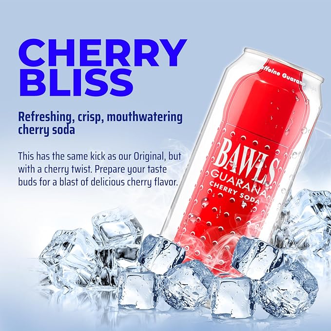 BAWLS Guarana Cherry BAWLS Guarana Drink Guarana Soda Guarana Fueled Soda for Energy High Energy Caffeinated Drink 16oz 12 Pack Cans