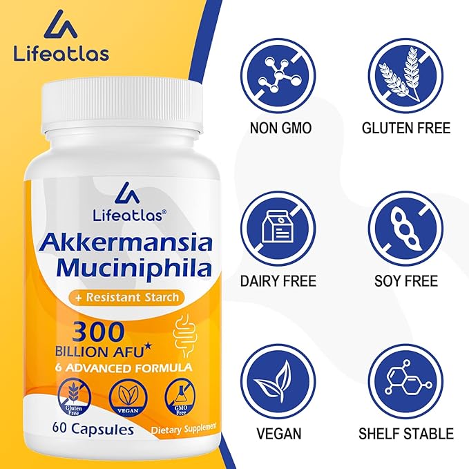Lifeatlas Akkermansia Supplement Probiotic | Akkermansia with 300 Billion AFU Akkermansia Probiotic 6-in-1 Akkermansia Probiotics for Women and Men Daily Akkermansia Supplement 120 Caps