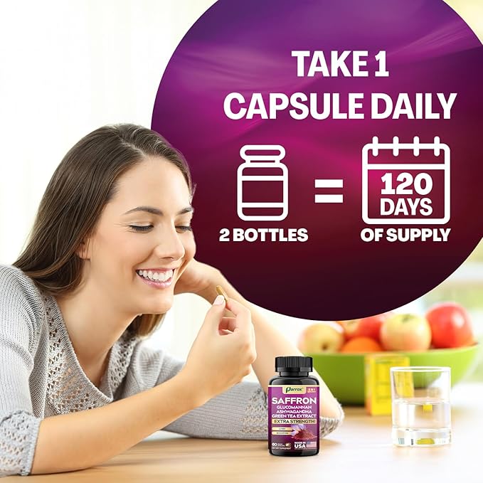 Saffron Supplement with Glucomannan Ashwagandha Green Tea Extract Zeaxanthin &amp Lutein Vision Support &amp Daily Wellness Formula Extra Strength Plant-Based Capsules 4 Month Supply (2 Pack)