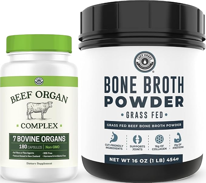 Left Coast Performance Bone Broth Protein Powder &amp Beef Organ Supplement - Bovine Wellness Bundle for Gut Health Energy Balance and Immune Support