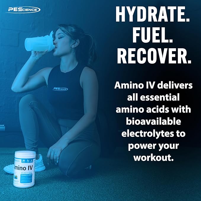 PEScience Amino IV BCAA &amp EAA Powder Essential Amino Acids Taurine Electrolytes for Hydration and Muscle Recovery Sugar Free for Men &amp Women Post Workout - Raspberry Grape 30 Servings
