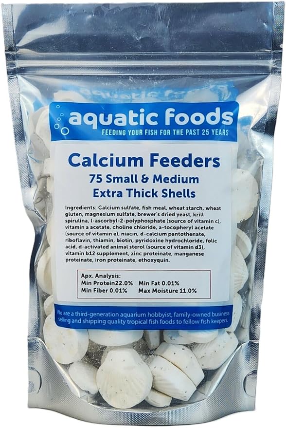 Aquatic Foods Inc. Calcium Feeder Small &amp Medium Shells. Extra Thick Shells for Shrimp Snails Crabs Crayfish Hermit Crabs and All Tropical Fish…75 Count Bag