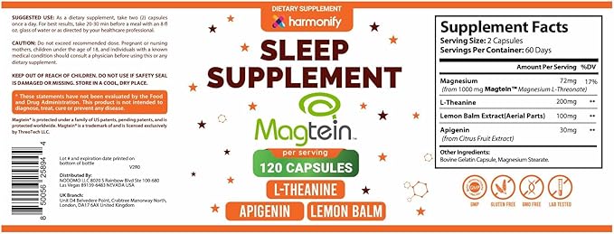 Magtein Magnesium L Threonate Supplement with L Theanine Lemon Balm and Apigenin High Absorption 120 Purified Veggie Capsules 1400 mg Gluten Free Non-GMO Vegetarian