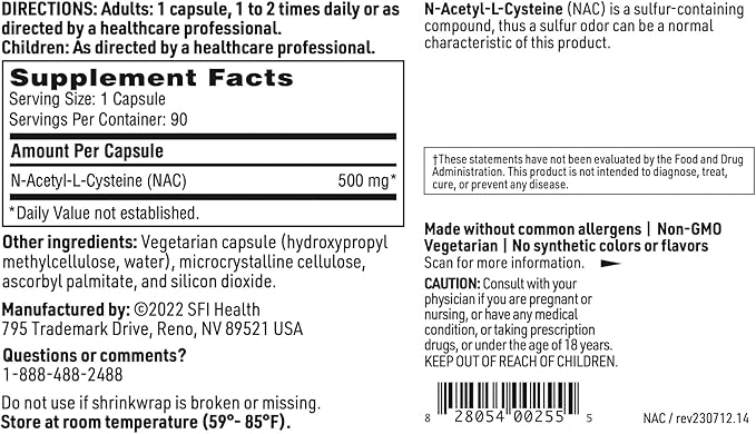 Klaire Labs SFI Health N-Acetyl-L-Cysteine 500mg - Amino Acid Glutathione Precursor NAC - Supplement to Support Cellular Antioxidant Protection - Hypoallergenic Soy-Free Corn-Free (90 Capsules)