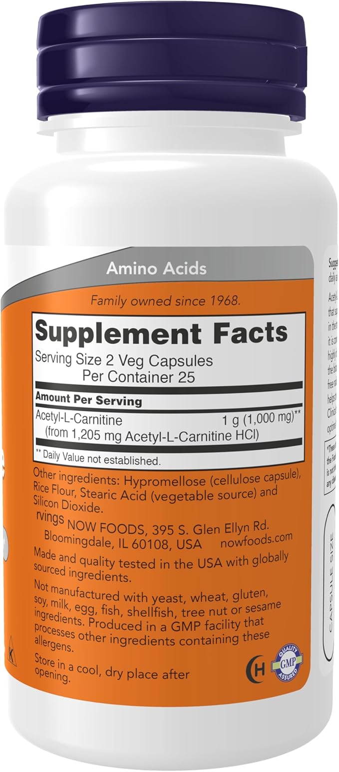 NOW Supplements Acetyl-L Carnitine 500 mg Amino Acid Brain and Nerve Cell Function* 50 Veg Capsules (Pack of 3)