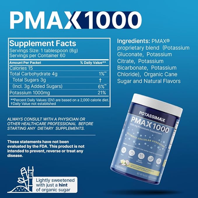 PMAX1000 High Dose Pure Potassium Electrolyte Supplement Powder 1000mg 4-Type Potassium Blend-Citrate Gluconate BicarbonateChloride. Supports Healthy Blood Pressure Heart Kidneys Bones Muscles