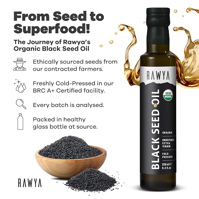 RAWYA Black Seed Oil - Organic Cold Pressed Nigella Sativa - Turkish Origin - USDA Organic - Natural Supplement - Black Cumin Seed Oil - Rich Flavor &amp High Concentration - 250ml Glass Bottle - 2 P