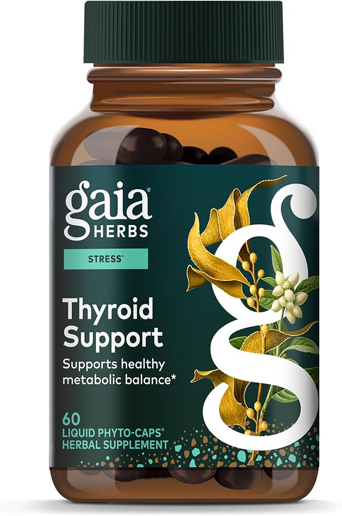 Gaia Herbs Thyroid Support - Made with Ashwagandha Kelp Brown Seaweed &amp Schisandra to Support Healthy Metabolic Balance &amp Overall Well-Being* - 60 Vegan Liquid Phyto-Caps (30 Servings)