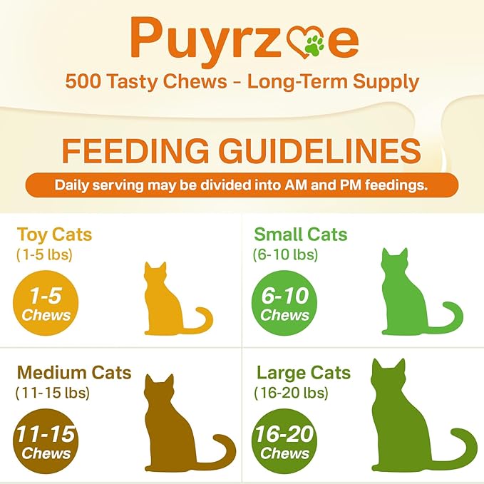 Puyrzoe Lysine for Cats Drops + Skin &amp Coat Chews Respiratory &amp Immune Support + Coat Shine &amp Skin Hydration – Liquid Lysine 60ml + 500 Fur Care Chews with Omega-3-6-9 Vitamins C &amp E