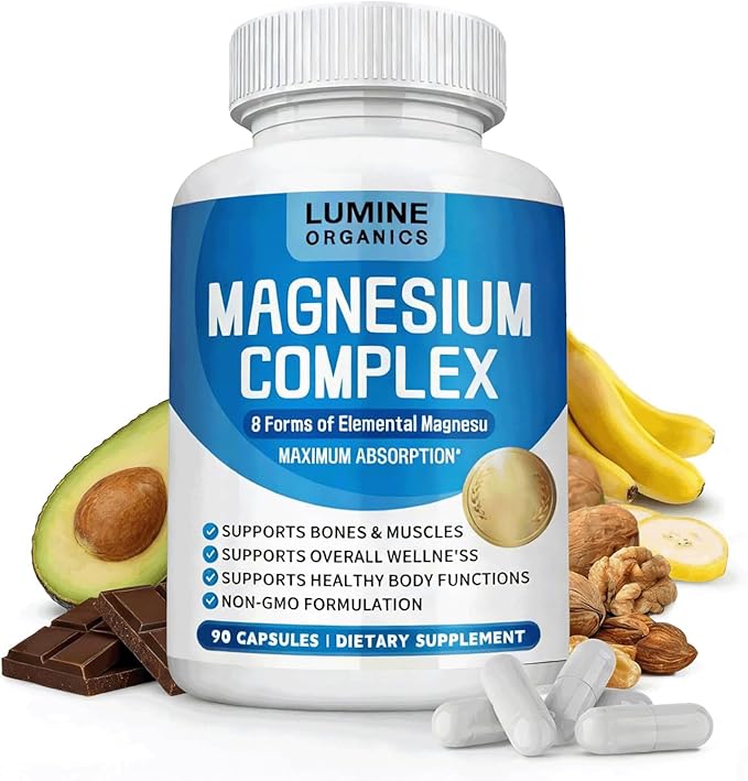 Lumine Organics Magnesium Complex Supplement 1000mg- Advanced 8-in-1 Magnesium Blend - Glycinate Citrate Malate Taurate etc.– High Absorption Formula – Non-GMO– 90 Capsules