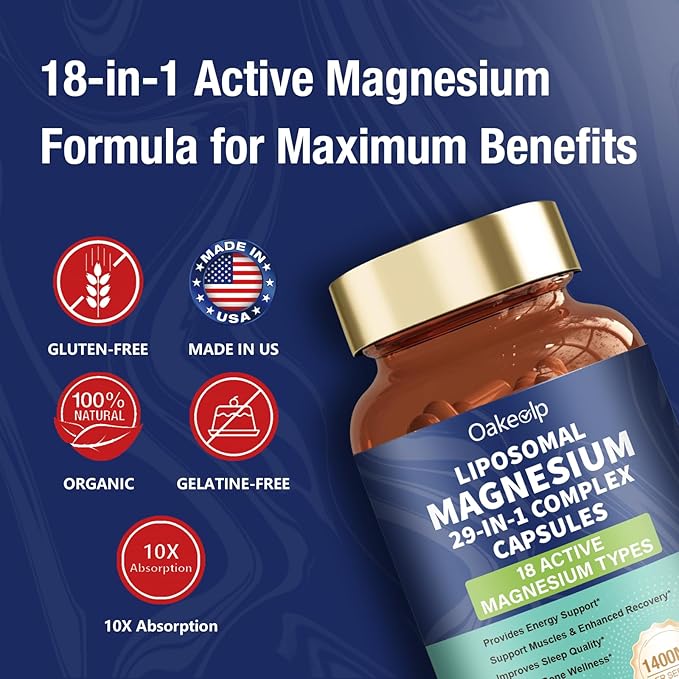 2 Pack 29-in-1 Liposomal 18 Active Types Magnesium Complex 1400MG CapsuleL-Threonate Glycinate Malate etcMild &amp EfficientExtra Vitamin B6 B12 D3K2 &amp CoQ10 Relaxation Nerve* &amp Hert* Sup