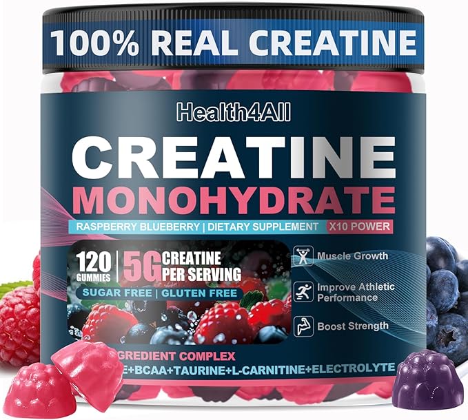 Health4All Creatine Monohydrate Gummies 5g for Men &amp Women Creatine Gummy for Strength Energy &amp Muscle Growth Support Pre-Workout Supplement - Raspberry &amp Blueberry 120 Gummy