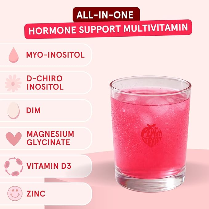 Peach Perfect Inositol Powder Multivitamin Pink Lemonade Flavor – 4g Myo &amp D-Chiro Inositol DIM Zinc Magnesium Glycinate Vitamin D3 – Supports Women’s Health Cycle Energy 30 SVG